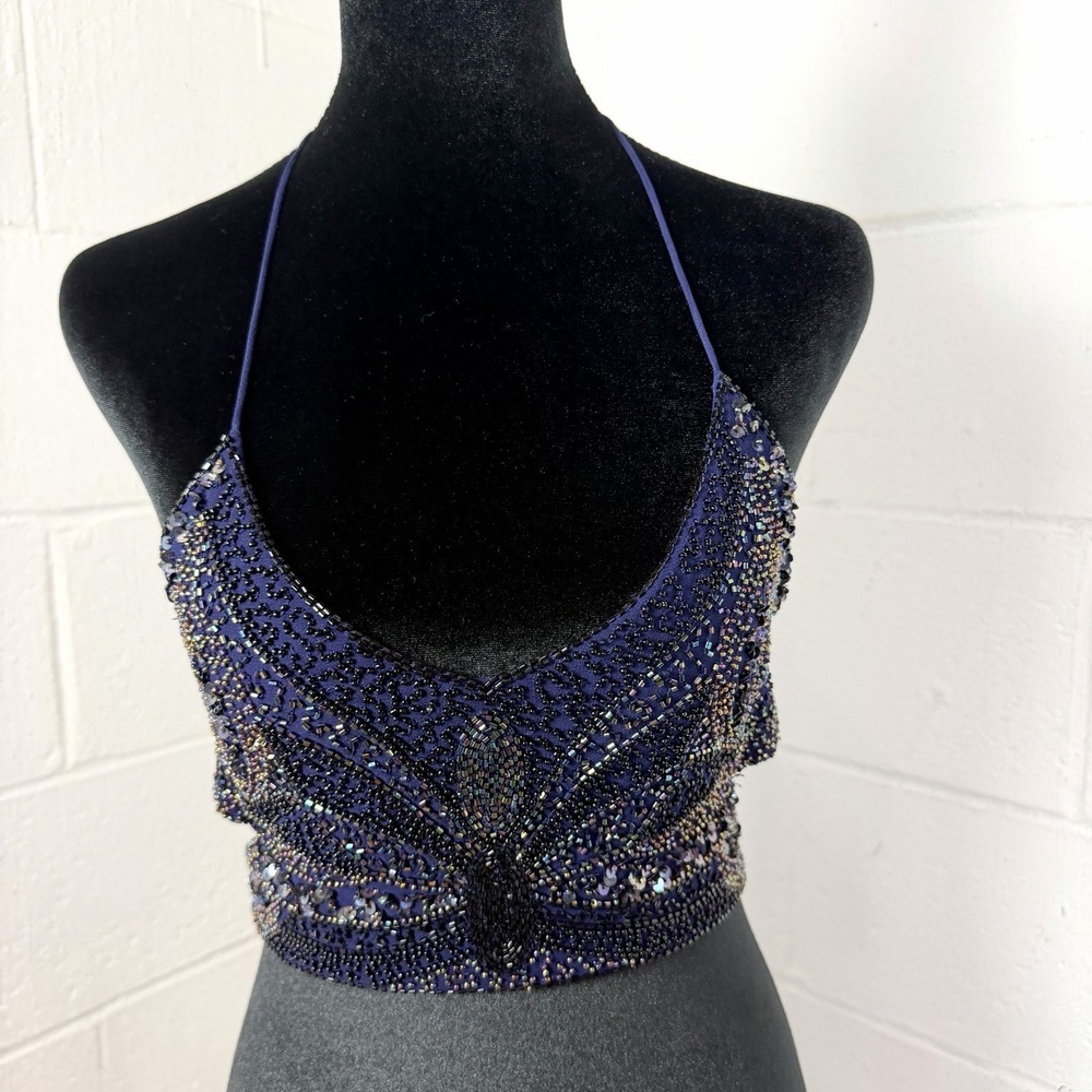 Forever 21 Beaded Cropped Halter Top SZ S Cut Out Sparkly Sexy Evening Glam Gala
